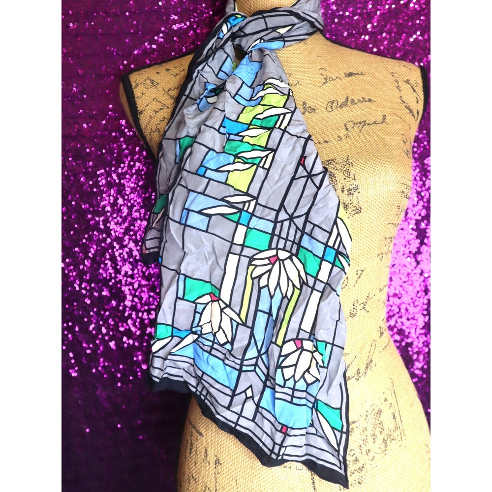 Grey Stained Glass Scarf Women Floral Geometric Art Nouveau Style Lotus Office